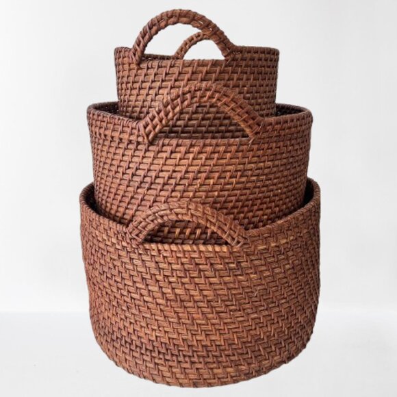 Rustic and Woven Round Rattan Baskets with Double Handles- Set of 3 Nesting - Picture 4 of 16